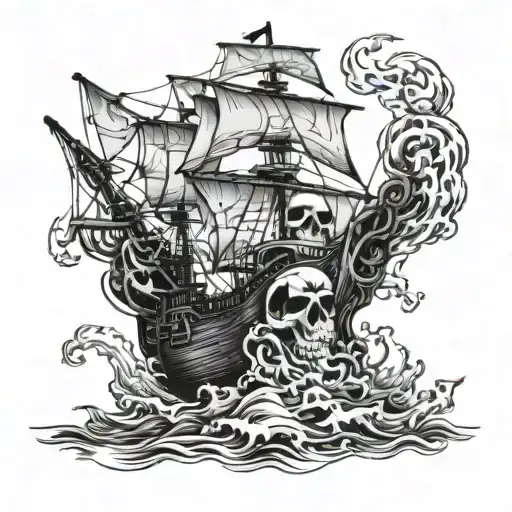 Pirate Ship In The Sea Over A Hat Of A Pirate Skull