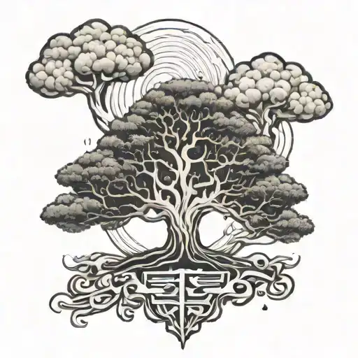 A Tree With Engraved Chinese Letters Surrounded By Rainbows And A Flaming Lotus Flower