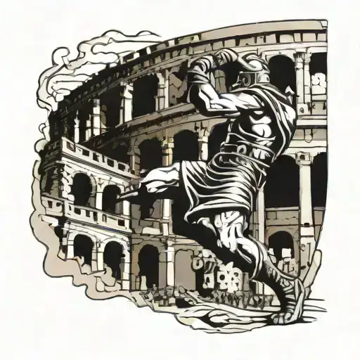 A Gladiator Fighting In The Colosseum With A Japanese Temple In The Background