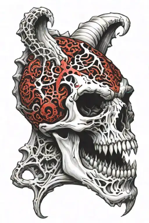 Bone Skull Of An Open Dragon's Mouth In Red And Black