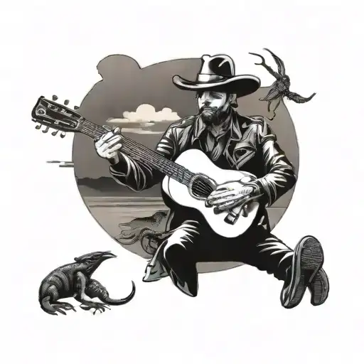A Tattoo Design Featuring A Cowboy Playing A Guitar Surrounded By Crawfish And Louisiana Scenery