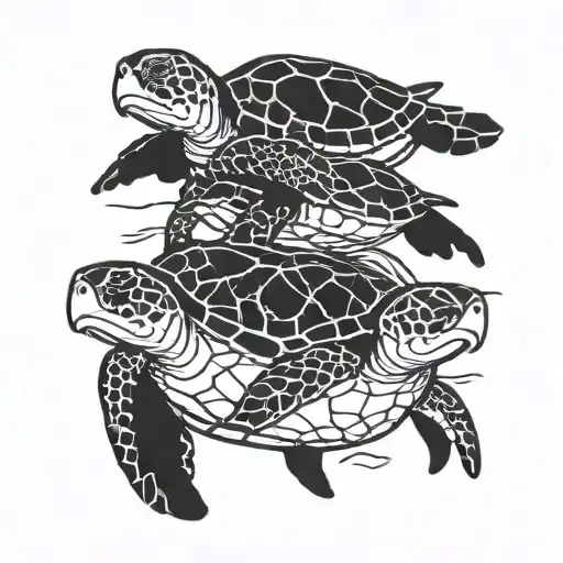 A Minimalist Design Of A Family Of Sea Turtles Swimming Together In The Ocean