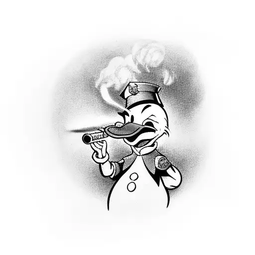 Donald Duck Wearing A Coast Guard Cover Smoking A Cigar With Bloodshot Eyes