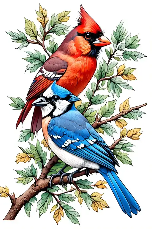 Cardinal Sitting Next A Blue Jay On A Branch