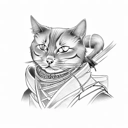 Full Body Samurai Cat In Robe With Swords
