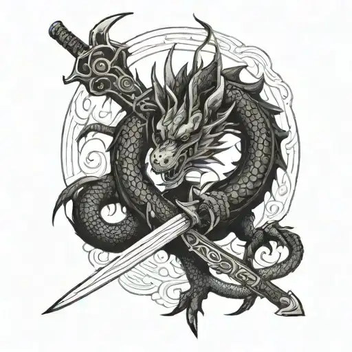 Dragon Wrapped Around A Samurai Sword In Traditional Japanese Style