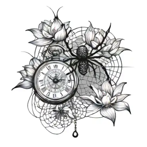 Spider Perched On A Spider Web With Lotus Flowers Around It And On One Side A Protected Pocket Watch