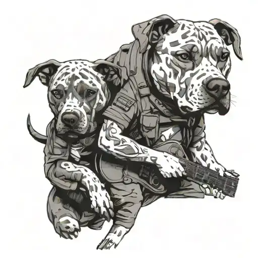 A Veteran Playing Guitar With A Pitbull Wearing A Military Uniform In A Blackwork Design
