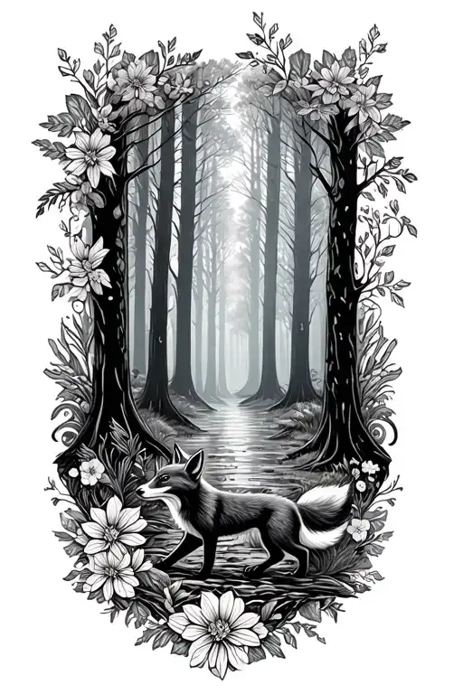 Floral Lace Background With Small Fox Running Through Forest