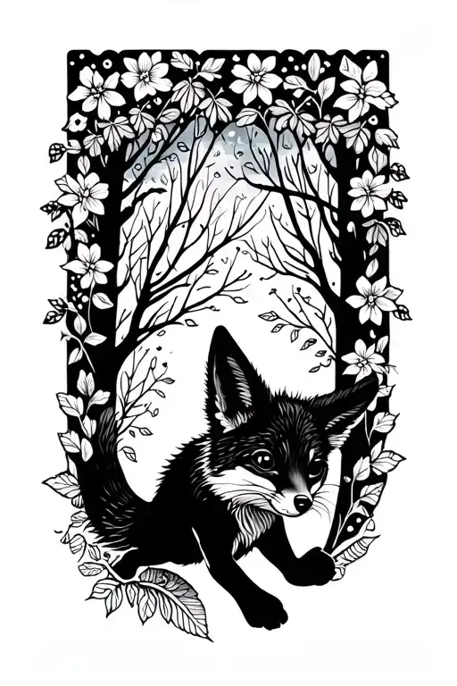 Floral Lace Background With Small Fox Running Through Forest
