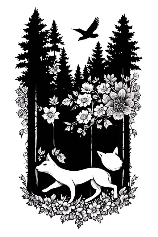 Floral Lace Background With Small Fox Running Through Forest And Birds Flying Above