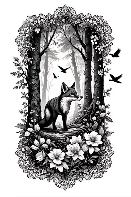 Floral Lace Background With Small Fox Running Through Forest And Birds Flying Above