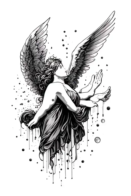 Falling Angel Coverin Up Hand And Particles Covering Fingers Going Upside To Hand