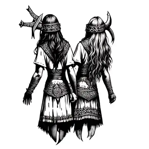 Viking Woman Nordic Facing Backwards Holding Hands