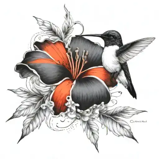 Realistic Black And White Hummingbird Tattoo Drinking From A Colored Dying Flower