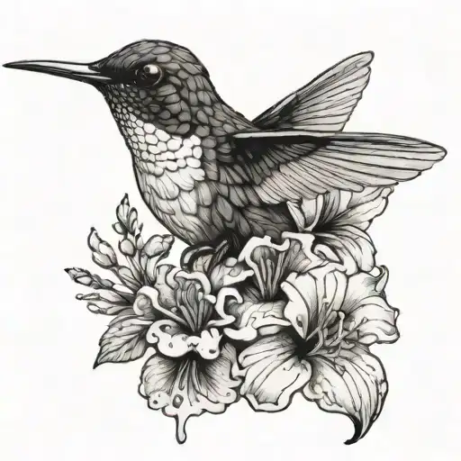 Realistic Black And White Hummingbird Tattoo Drinking From A Colored Dying Flower