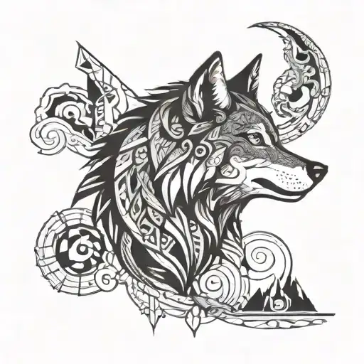 Create A Tattoo Inspired By Inca And Maya Civilizations Featuring A Wolf As A Central Figure