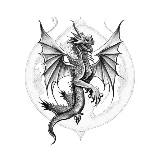 Black And White Medieval Dragon With Wings Holding A Single Rose In His Hands