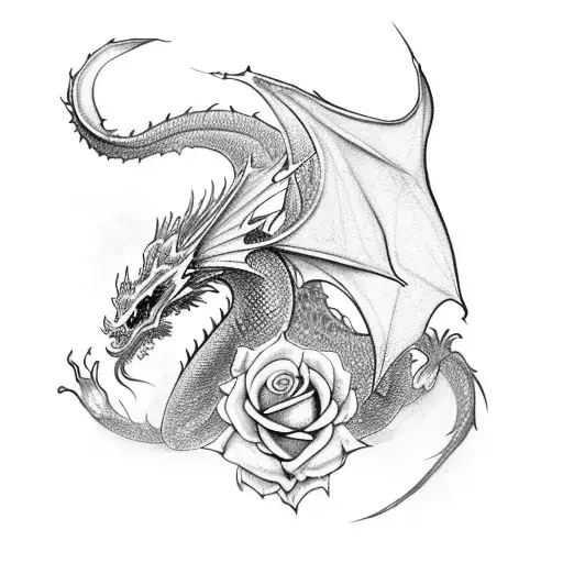 Black And White Medieval Dragon With Wings And A Single Big Rose
