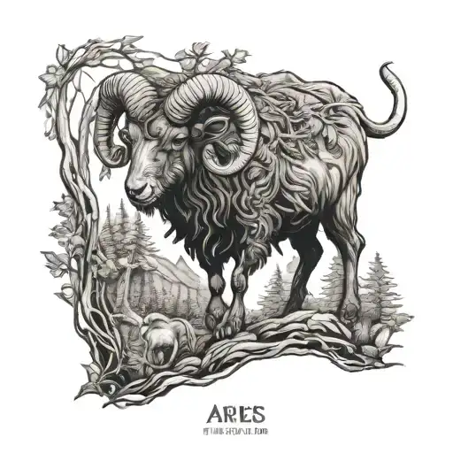 A Detailed Blackwork Tattoo Of Aries In The Woods