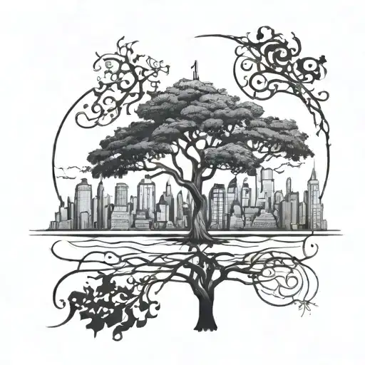 A Blackwork Tattoo Of A Majestic Tree Intertwined With The Skyline Of New York City