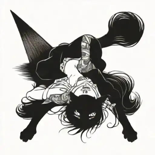 Big And Long Black Cat Laying With A Girl With Bangs