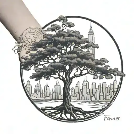 A Blackwork Elongated Tattoo Of A Majestic Tree Intertwined With The Skyline Of New York City
