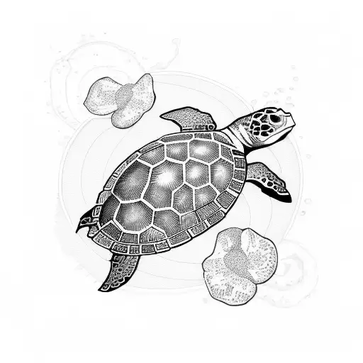 Marine Turtle In The Sea With Flowers