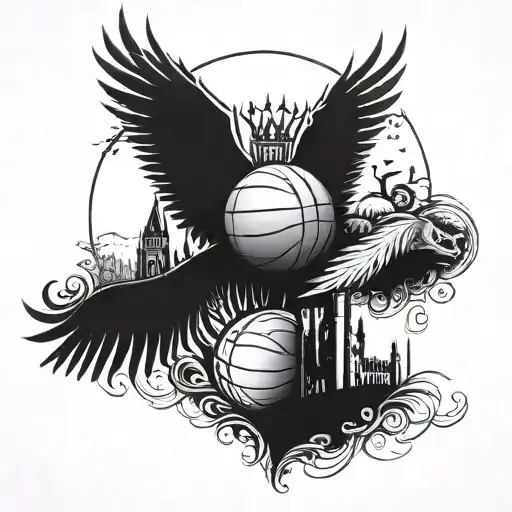 A Basketball With Wings And The Hogwarts Castle In The Background