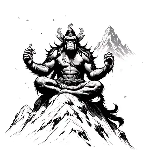 Monkey King Sitting On Mountain Peak