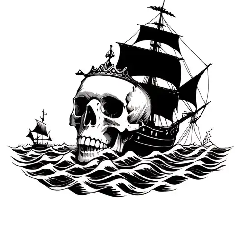 Pirate Skull With A Crown Surrounded By Ocean Waves And Pirate Ship