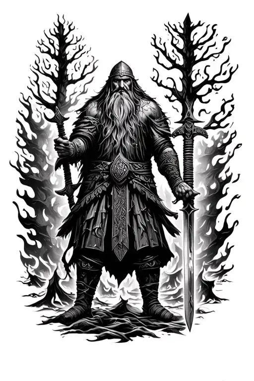 Viking Man Standing With Sword Surrounded By Burning Forest