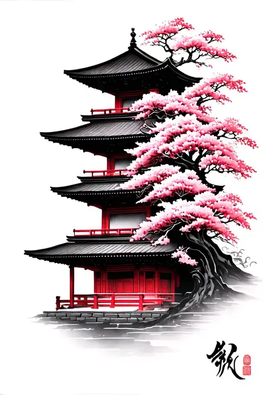 Japanese Temples In Profile With Cherry Tree