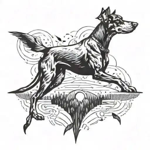 Doberman And The Moon And Birds