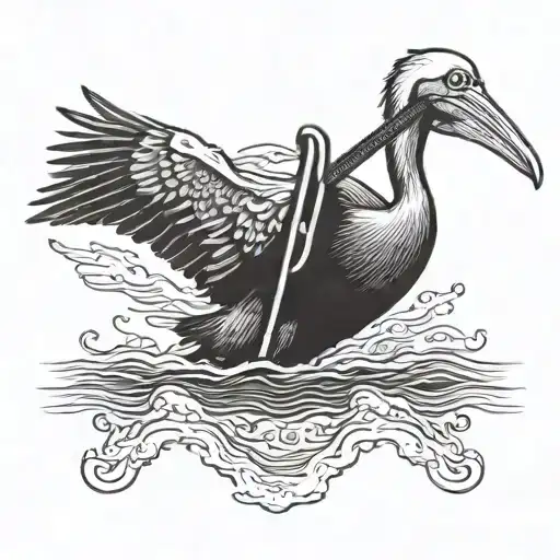 A Blackwork Tattoo Of A Pelican Diving Into The Ocean With A Guitar Strapped To Its Back