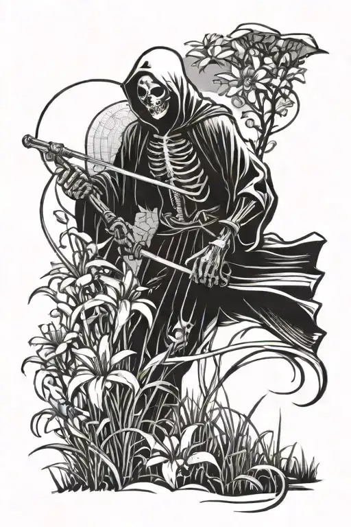 Death With A Scythe Standing In A Field Of Spider Lilies