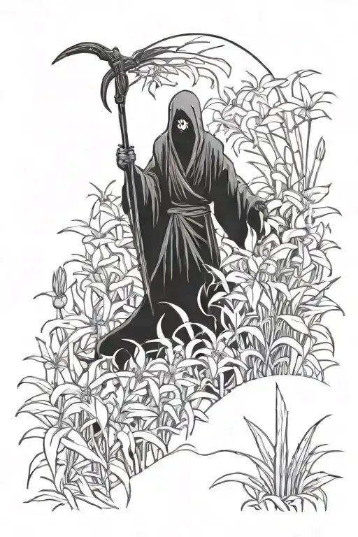Death With A Scythe Standing In A Field Of Spider Lilies