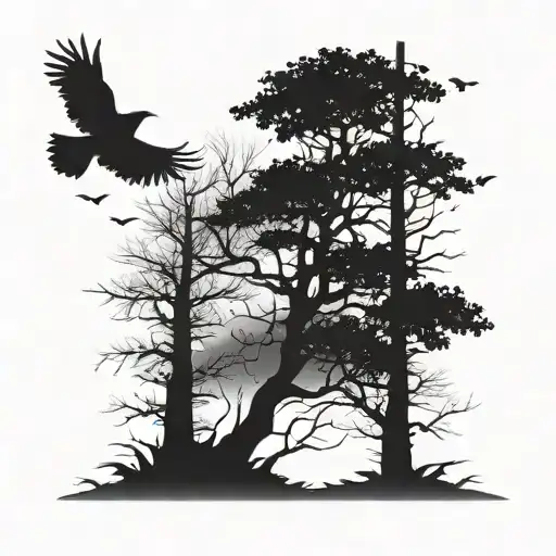 Dark Tree Silhouette With Crows Flying Above