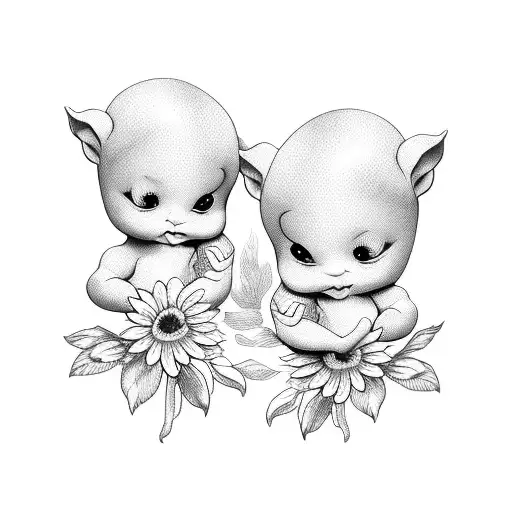 Two Baby Kewpies Sitting In Flower