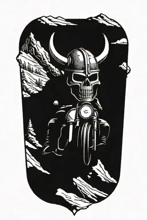 A Skull With A Viking Helmet Riding A Harley Motorcycle Through A Snowy Mountain Landscape