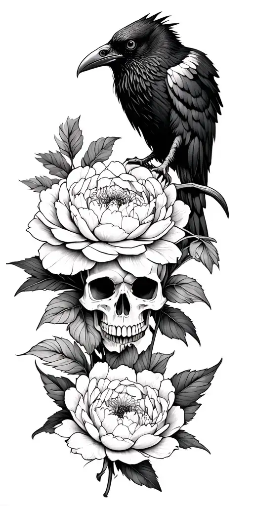Skull Raven And Peony Flower Intertwined