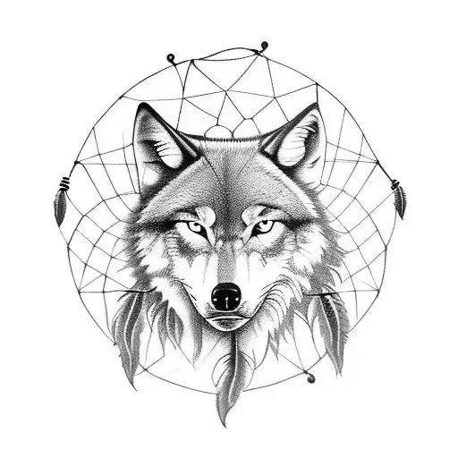 Dream Catcher In A Half And A Wolf In The Other Half