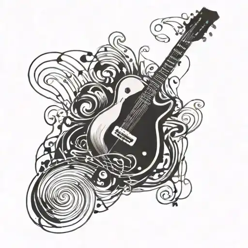 A Surrealistic Interpretation Of A Guitar Being Played By Abstract Musical Notes