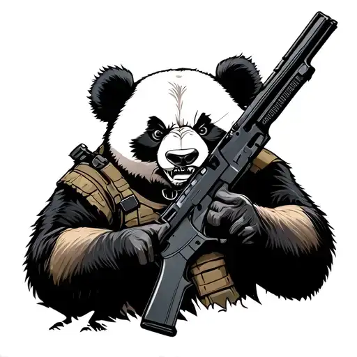 Angry Panda Wearing Tactical Gear Holding A Ar 15 With Mountains