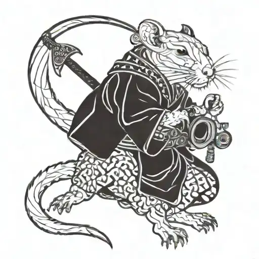 Aggressive Rat Samurai In A Kimono And An Axe On The End Of His Tail