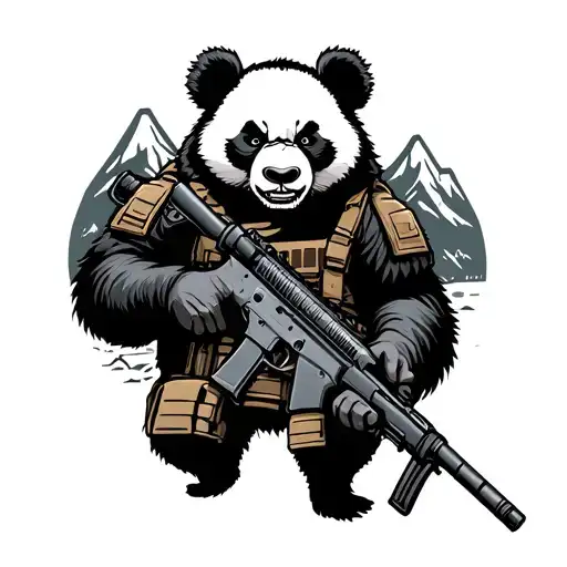 Angry Panda Wearing Tactical Gear Holding A Ar 15 With Mountains In Back Ground