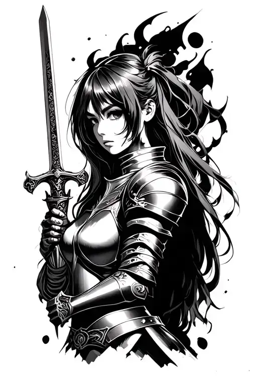 Female Anime Knight Holding A Sword With Cyber Sigilism As Background