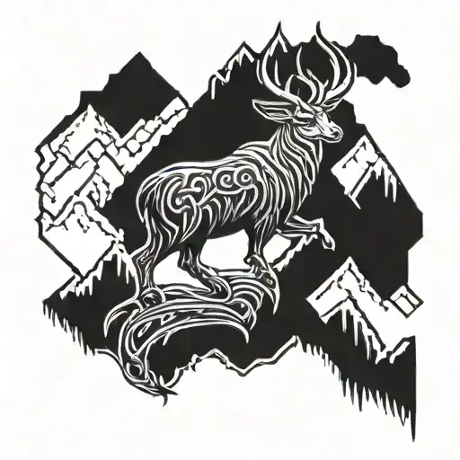 Steinbock With Mountain Peaks With Viking Runes As Border