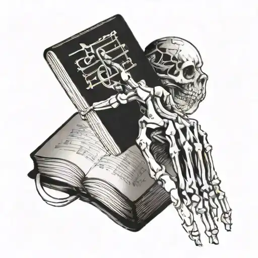 A Skeletal Hand Holding A Book With Music Notes Floating Around It