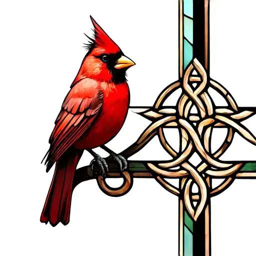 A Stylized Red Cardinal Bird Perched On A Celtic Cross With Stained Glass Details